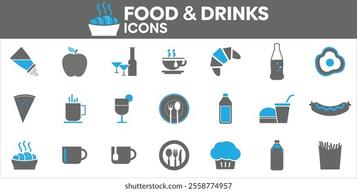 Food and Drinks Icons Set, Containing All Food and Drinks Icons Outlines, Vector Illustration Collection Editable eps10