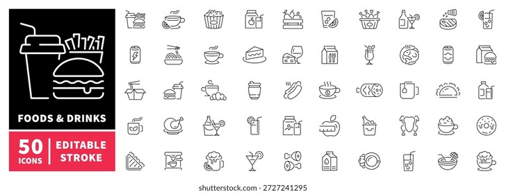 Conjunto de iconos de alimentos y bebidas. iconos de línea editables, esquema, símbolos culinarios