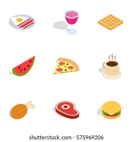 Food and drinks icons set. Isometric 3d illustration of 9 food and drinks vector icons for web