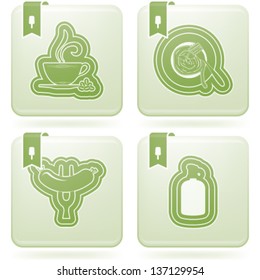 Food & drinks icons set, pictured here from left to right, top to bottom:   Coffee cup, Pasta plate, Sausage, Bottle of wine.