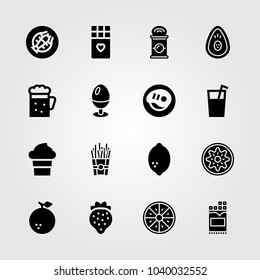 Food And Drinks icons set. Vector illustration kiwi, orange, french fries and can