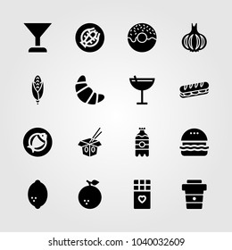 Food And Drinks icons set. Vector illustration cocktail, garlic, lobster and valentines day