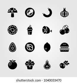 Food And Drinks icons set. Vector illustration chicken leg, garlic, doughnut and cherry