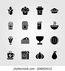 Food And Drinks icons set. Vector illustration sardines, watermelon, garlic and pear