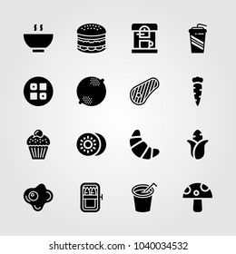 Food And Drinks icons set. Vector illustration steak, cupcake, coffee maker and sardines