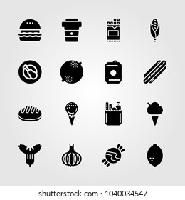 Food And Drinks icons set. Vector illustration corn, chicken leg, groceries and candy