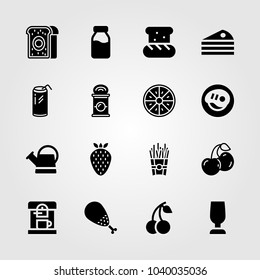Food And Drinks icons set. Vector illustration coffee maker, orange, milk bottle and can