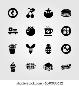 Food And Drinks icons set. Vector illustration soft drink, sushi, burger and mushrooms