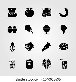 Food And Drinks icons set. Vector illustration chicken leg, tomato, pizza and bread