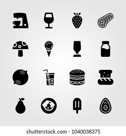 Food And Drinks icons set. Vector illustration coffee maker, glass, milk bottle and lemon