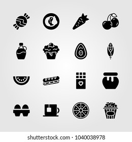 Food And Drinks icons set. Vector illustration chocolate, valentines day, eggs and popcorn