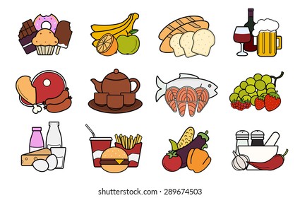 Food and drinks  icons set. Vector gastronomy color illustrations