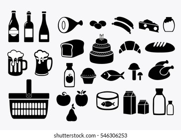 Food. The food and drinks. The icons set. Vector illustration isolated on white background.