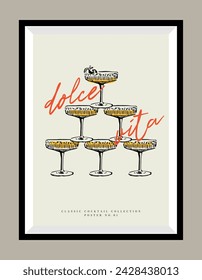 Food and drinks illustration in a poster frame. Matisse style. Hand drawn minimal design for wallpaper, wall decor, print, postcard, cover, template, banner.