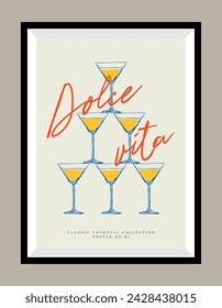 Food and drinks illustration in a poster frame. Matisse style. Hand drawn minimal design for wallpaper, wall decor, print, postcard, cover, template, banner.