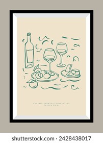 Food and drinks illustration in a poster frame. Matisse style. Hand drawn minimal design for wallpaper, wall decor, print, postcard, cover, template, banner.