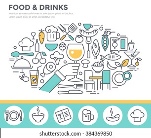 Food and drinks illustration, thin line flat design