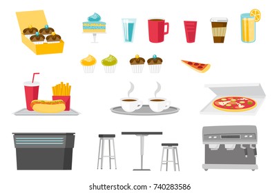 Food and drinks illustrations set. Collection of cupcake, glass of water and juice, cup of tea and coffee, soda, fast food, coffee-machine. Vector cartoon illustrations isolated on white background.