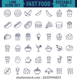 Food and Drinks Line Icon Set Featuring Restaurant and Fast Food Items Including Burger, Donut, Pizza, Ice Cream, and Coffee in Minimal Web Style Vector Illustration