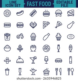 Food and Drinks Line Icon Set Featuring Restaurant and Fast Food Items Including Burger, Donut, Pizza, Ice Cream, and Coffee in Minimal Web Style Vector Illustration