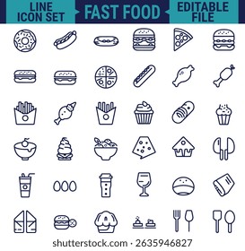 Food and Drinks Line Icon Set Featuring Restaurant and Fast Food Items Including Burger, Donut, Pizza, Ice Cream, and Coffee in Minimal Web Style Vector Illustration