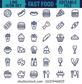 Food and Drinks Line Icon Set Featuring Restaurant and Fast Food Items Including Burger, Donut, Pizza, Ice Cream, and Coffee in Minimal Web Style Vector Illustration