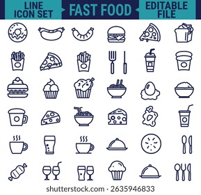 Food and Drinks Line Icon Set Featuring Restaurant and Fast Food Items Including Burger, Donut, Pizza, Ice Cream, and Coffee in Minimal Web Style Vector Illustration