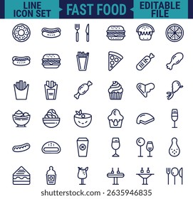 Food and Drinks Line Icon Set Featuring Restaurant and Fast Food Items Including Burger, Donut, Pizza, Ice Cream, and Coffee in Minimal Web Style Vector Illustration