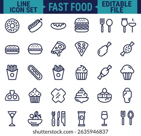 Food and Drinks Line Icon Set Featuring Restaurant and Fast Food Items Including Burger, Donut, Pizza, Ice Cream, and Coffee in Minimal Web Style Vector Illustration
