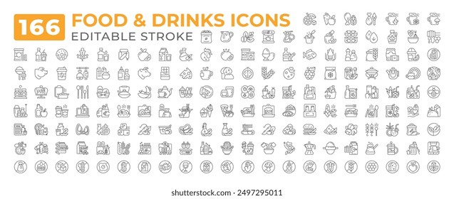 Essen und Getränke Linie Icons großen Satz. Milch und Käse. Bio-Essen, Ernährung. Milchprodukte, Gemüse. Piktogramme mit Symbolkontur. Isolierte lineare Vektorgrafiken. Bearbeitbarer Strich