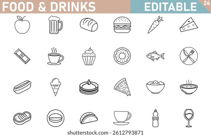 Food And Drinks Line Icons Collection Featuring Fruits Vegetables And Beverages