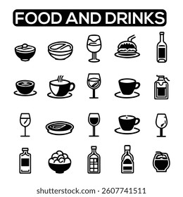 Food and Drinks Line Icons. Editable Stroke. Pixel Perfect. For Mobile and Web. Contains such icons as Bread, Wine, Hamburger, Milk, Carrot, Fruit, Vegetable