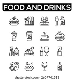 Food and Drinks Line Icons. Editable Stroke. Pixel Perfect. For Mobile and Web. Contains such icons as Bread, Wine, Hamburger, Milk, Carrot, Fruit, Vegetable