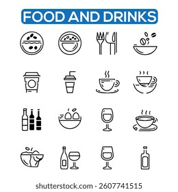 Food and Drinks Line Icons. Editable Stroke. Pixel Perfect. For Mobile and Web. Contains such icons as Bread, Wine, Hamburger, Milk, Carrot, Fruit, Vegetable
