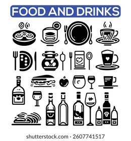 Food and Drinks Line Icons. Editable Stroke. Pixel Perfect. For Mobile and Web. Contains such icons as Bread, Wine, Hamburger, Milk, Carrot, Fruit, Vegetable