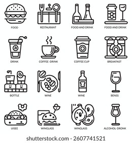 Food and Drinks Line Icons. Editable Stroke. Pixel Perfect. For Mobile and Web. Contains such icons as Bread, Wine, Hamburger, Milk, Carrot, Fruit, Vegetable