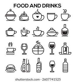 Food and Drinks Line Icons. Editable Stroke. Pixel Perfect. For Mobile and Web. Contains such icons as Bread, Wine, Hamburger, Milk, Carrot, Fruit, Vegetable