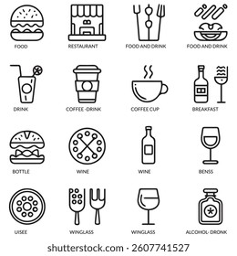 Food and Drinks Line Icons. Editable Stroke. Pixel Perfect. For Mobile and Web. Contains such icons as Bread, Wine, Hamburger, Milk, Carrot, Fruit, Vegetable