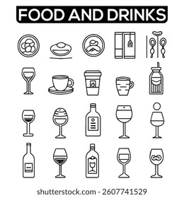 Food and Drinks Line Icons. Editable Stroke. Pixel Perfect. For Mobile and Web. Contains such icons as Bread, Wine, Hamburger, Milk, Carrot, Fruit, Vegetable