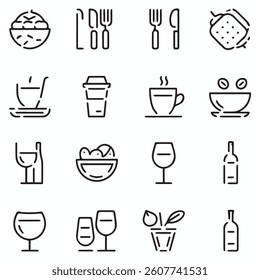 Food and Drinks Line Icons. Editable Stroke. Pixel Perfect. For Mobile and Web. Contains such icons as Bread, Wine, Hamburger, Milk, Carrot, Fruit, Vegetable