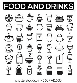 Food and Drinks Line Icons. Editable Stroke. Pixel Perfect. For Mobile and Web. Contains such icons as Bread, Wine, Hamburger, Milk, Carrot, Fruit, Vegetable
