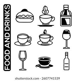 Food and Drinks Line Icons. Editable Stroke. Pixel Perfect. For Mobile and Web. Contains such icons as Bread, Wine, Hamburger, Milk, Carrot, Fruit, Vegetable