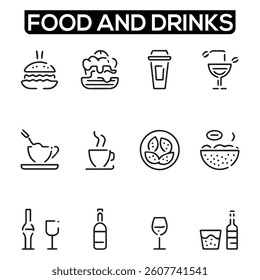 Food and Drinks Line Icons. Editable Stroke. Pixel Perfect. For Mobile and Web. Contains such icons as Bread, Wine, Hamburger, Milk, Carrot, Fruit, Vegetable