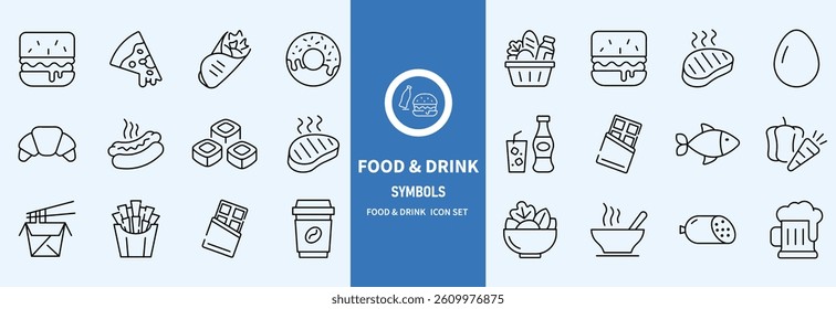 Food and Drinks Line Icons. Editable Stroke. Pixel Perfect. For Mobile and Web. Contains such icons as Bread, Wine, Hamburger, Milk, Carrot, Fruit, Vegetable.