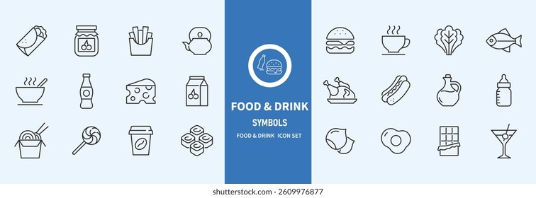 Food and Drinks Line Icons. Editable Stroke. Pixel Perfect. For Mobile and Web. Contains such icons as Bread, Wine, Hamburger, Milk, Carrot, Fruit, Vegetable.