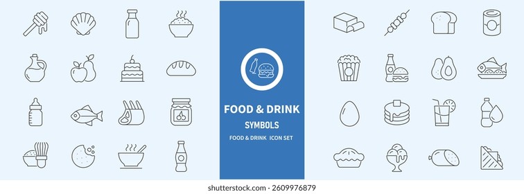Food and Drinks Line Icons. Editable Stroke. Pixel Perfect. For Mobile and Web. Contains such icons as Bread, Wine, Hamburger, Milk, Carrot, Fruit, Vegetable.