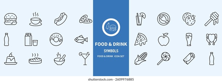 Food and Drinks Line Icons. Editable Stroke. Pixel Perfect. For Mobile and Web. Contains such icons as Bread, Wine, Hamburger, Milk, Carrot, Fruit, Vegetable.