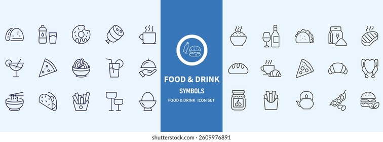 Food and Drinks Line Icons. Editable Stroke. Pixel Perfect. For Mobile and Web. Contains such icons as Bread, Wine, Hamburger, Milk, Carrot, Fruit, Vegetable.