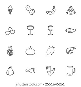 Food and drinks line icons set, outline vector symbol collection, linear style pictogram pack. Signs, logo illustration. Set includes icons as ice cream dessert, banana fruit, pizza, seafood shrimp