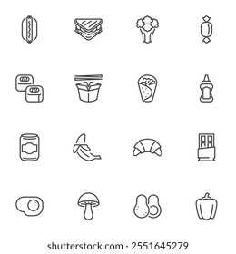 Food and drinks line icons set, outline vector symbol collection, linear style pictogram pack. Signs, logo illustration. Set includes icons as hot dog sausage, sandwich, noodle, sushi, breakfast